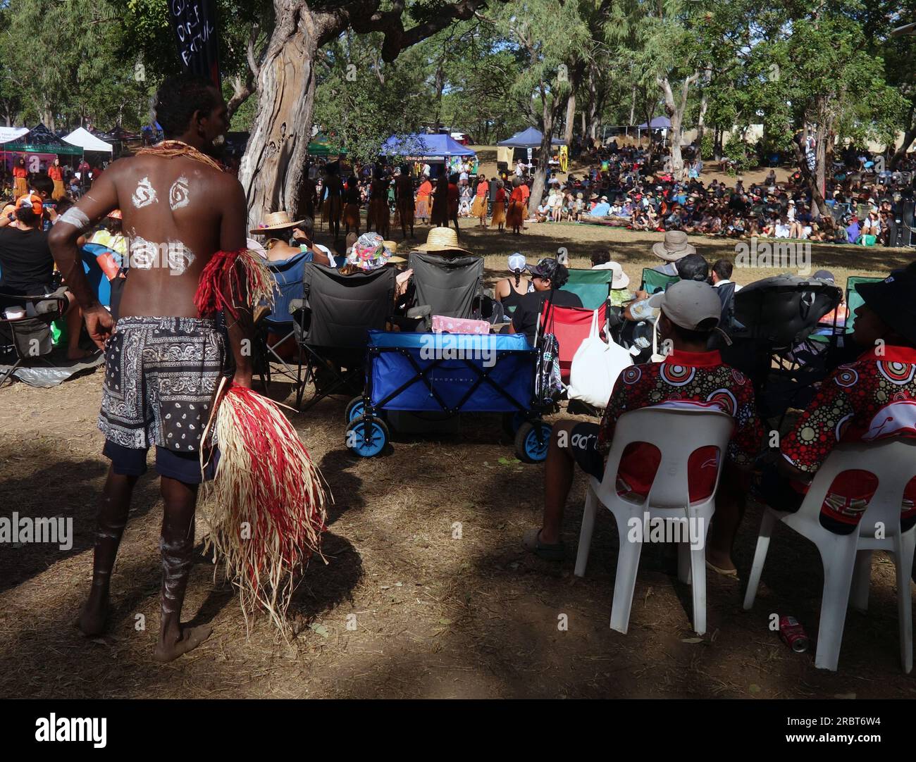 Dancer checking out the competition, Laura Quinkan Indigenous Dance Festival, Cape York Peninsula, Queensland, Australia, 2023. No MR or PR Stock Photo
