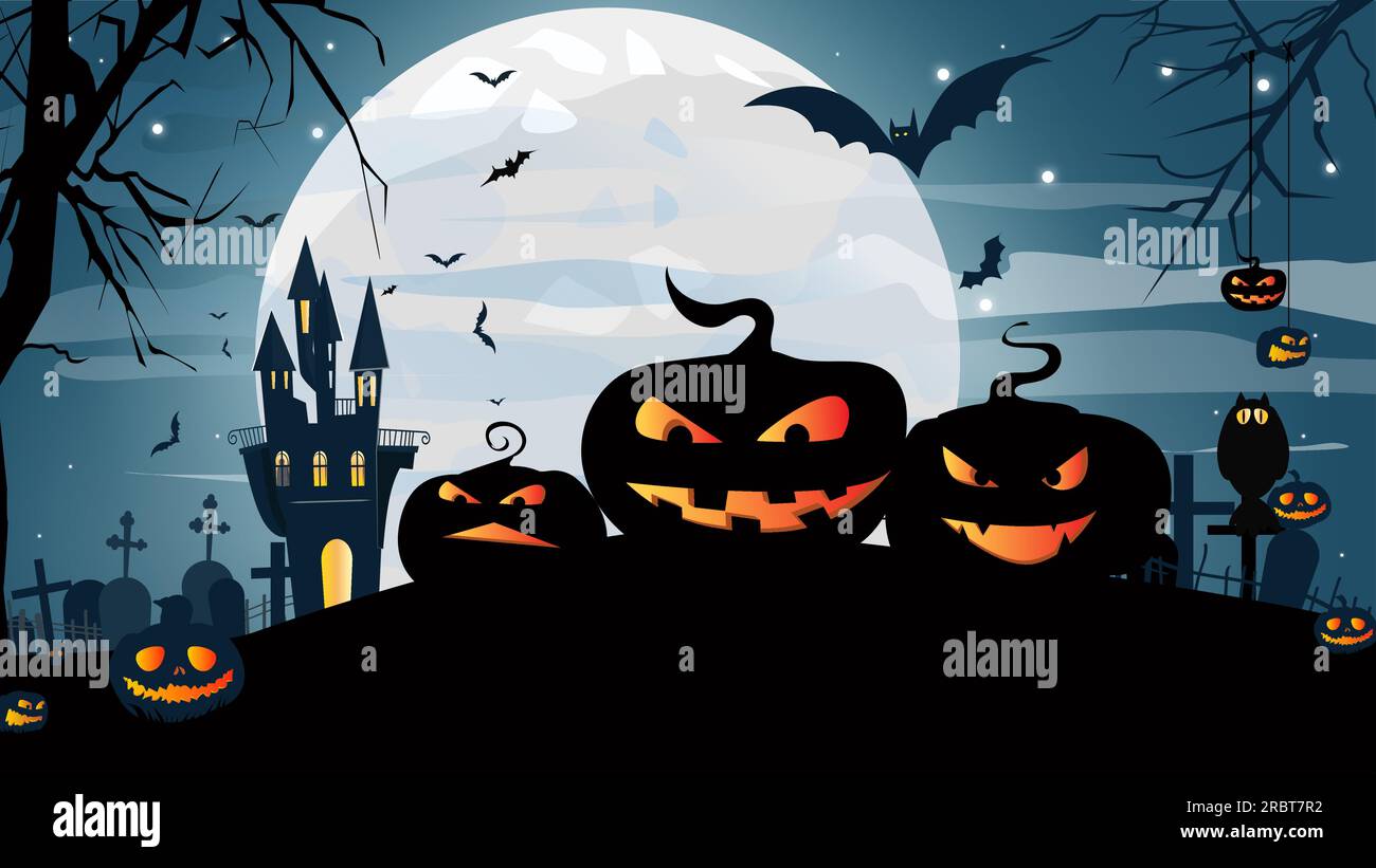 Jack o lanterns smiling against house, moon and cemetery vector Stock ...