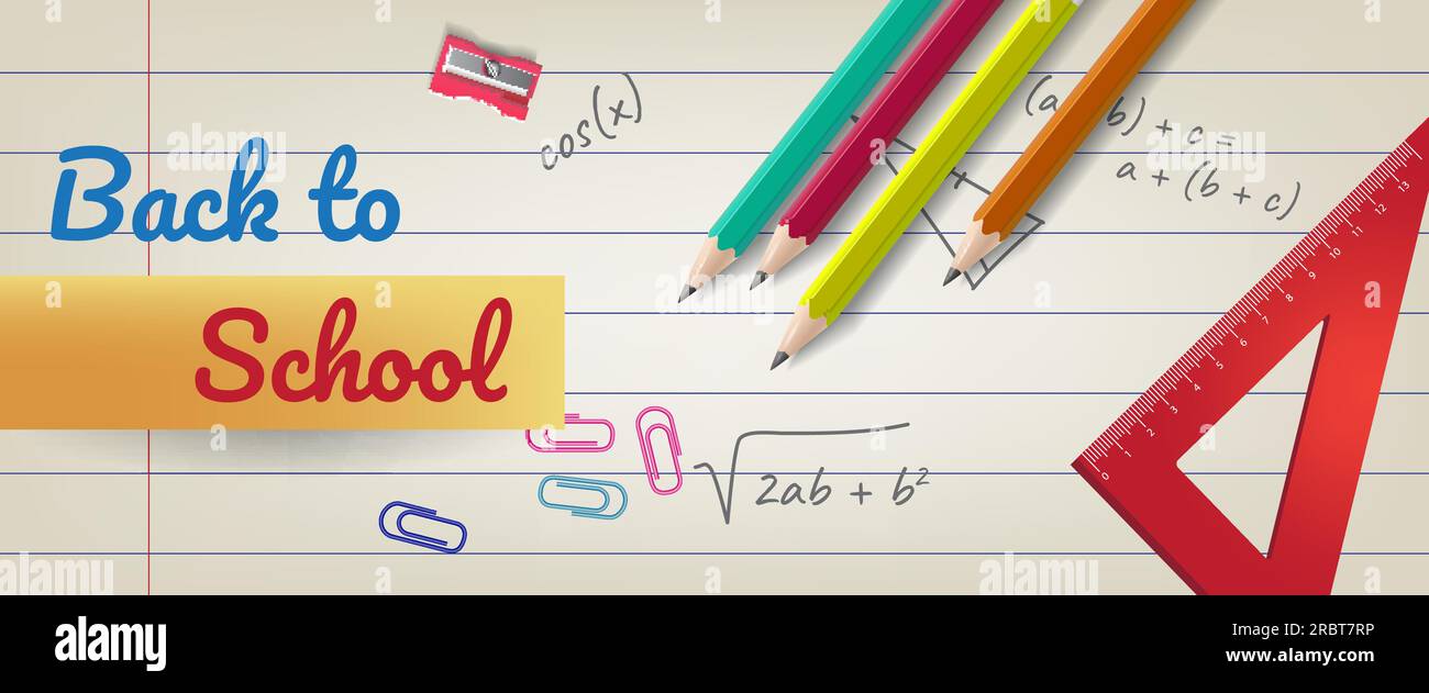 Back to school lettering on lined paper with pencils and ruler Stock ...