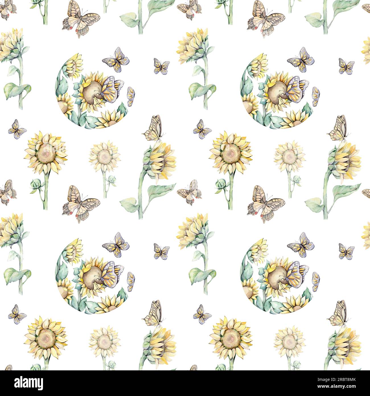 Watercolor seamless pattern with sunflowers and butterflies. Hand drawn ...