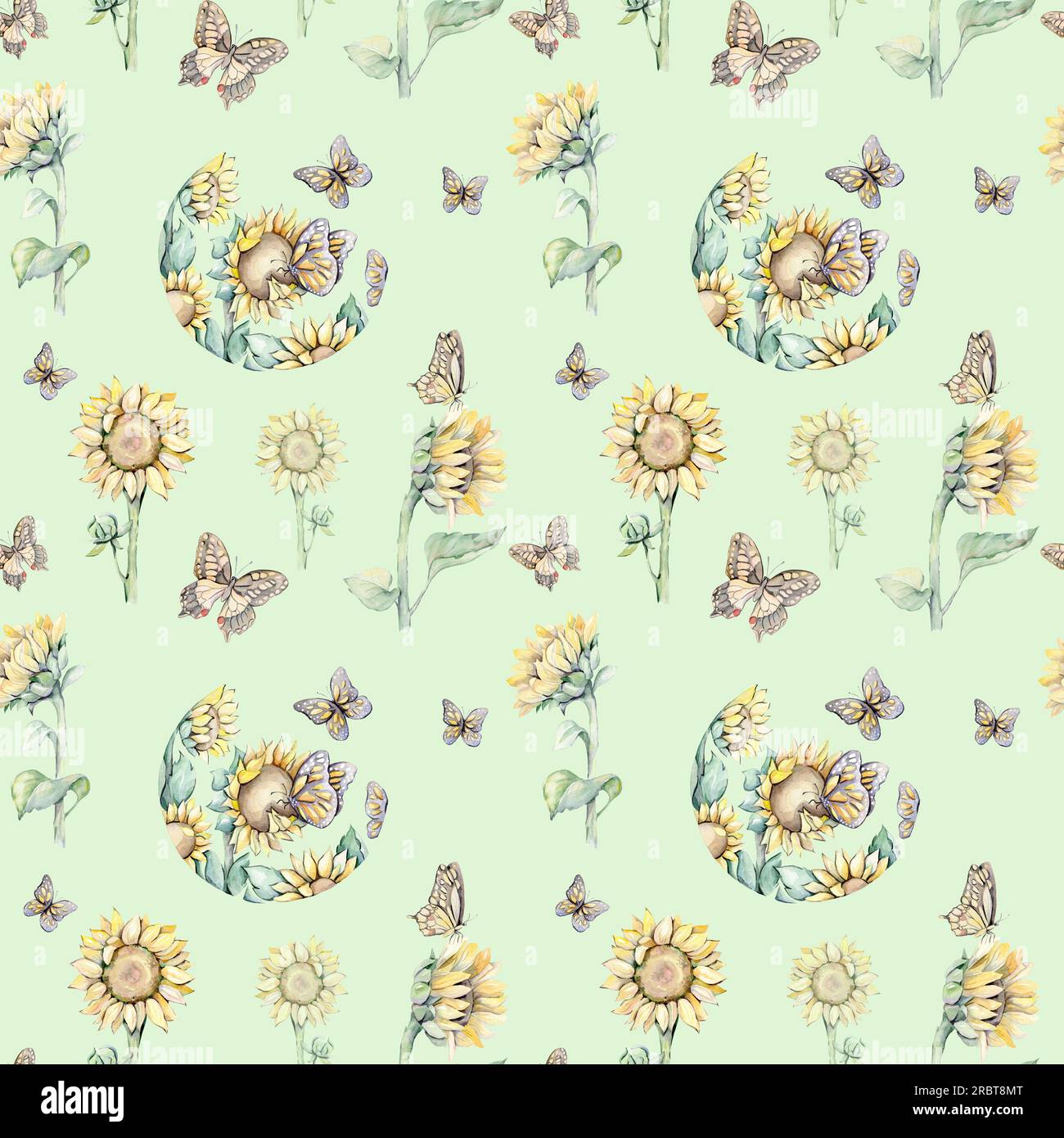 Watercolor seamless pattern with sunflowers and butterflies. Hand drawn ...