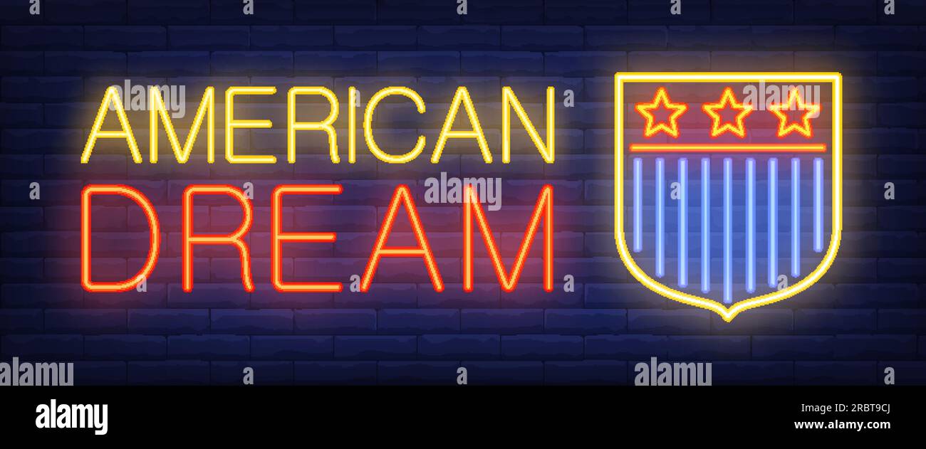 American dream neon text with USA flag shield Stock Vector