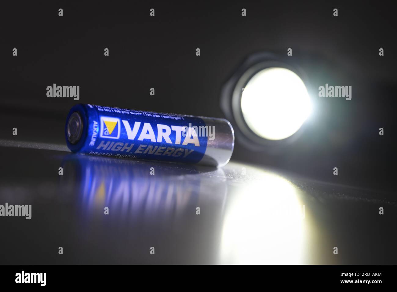 Ravensburg, Germany. 04th June, 2023. Several batteries of the manufacturer  Varta are illuminated by a flashlight. Shareholder representatives  expressed their disappointment with the recent business development of the  weakening battery company Varta