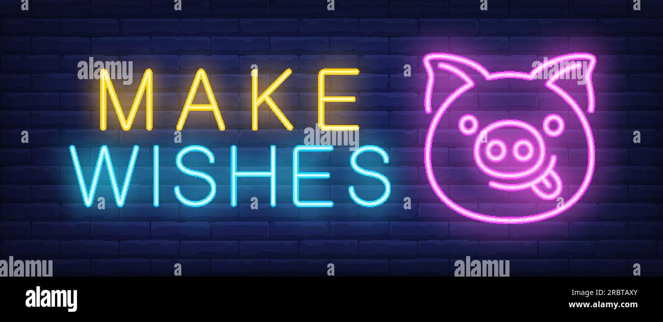 Make wishes neon text with funny pig face Stock Vector
