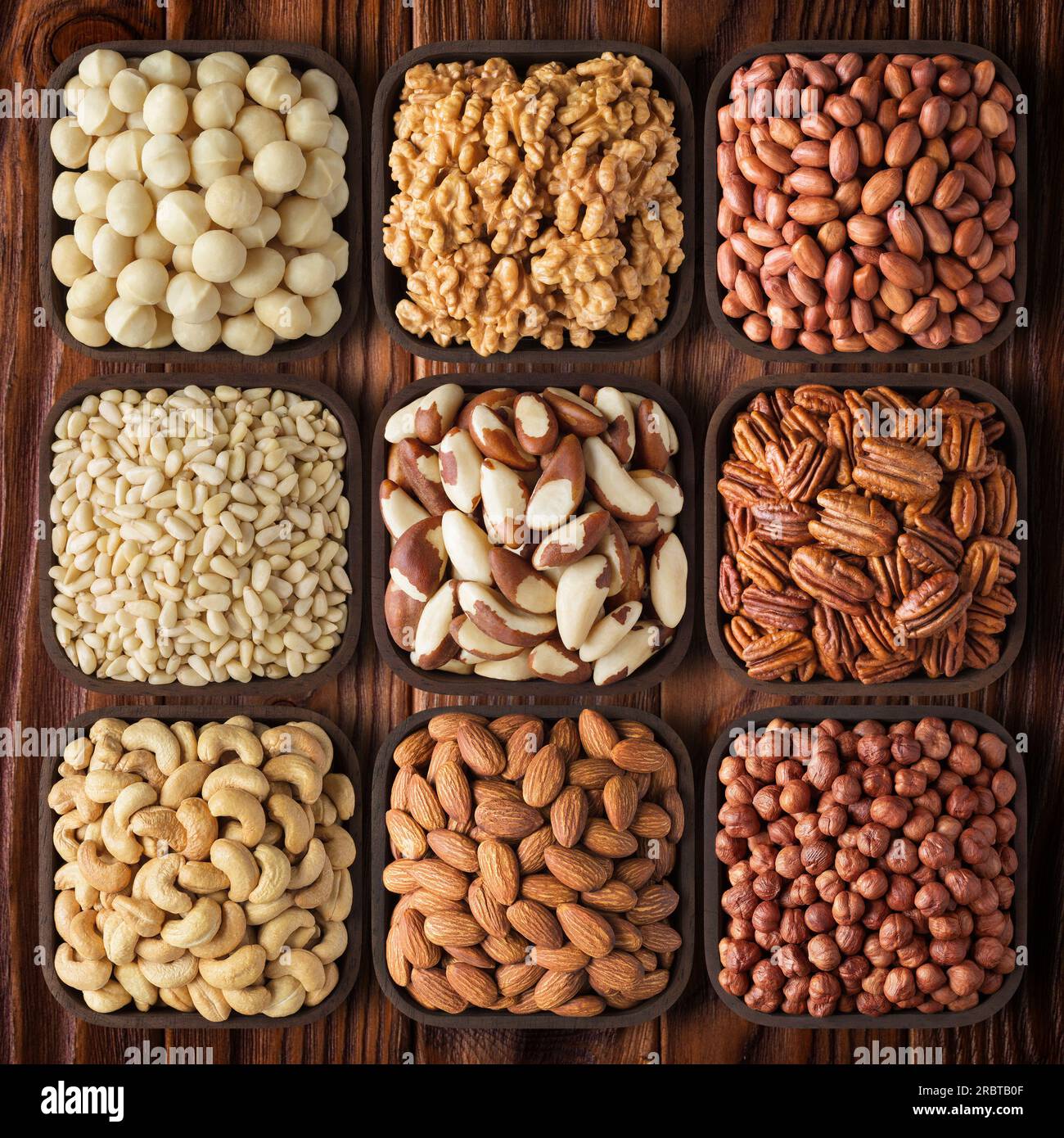 assorted nuts background, composition of organic food, top view. Stock Photo