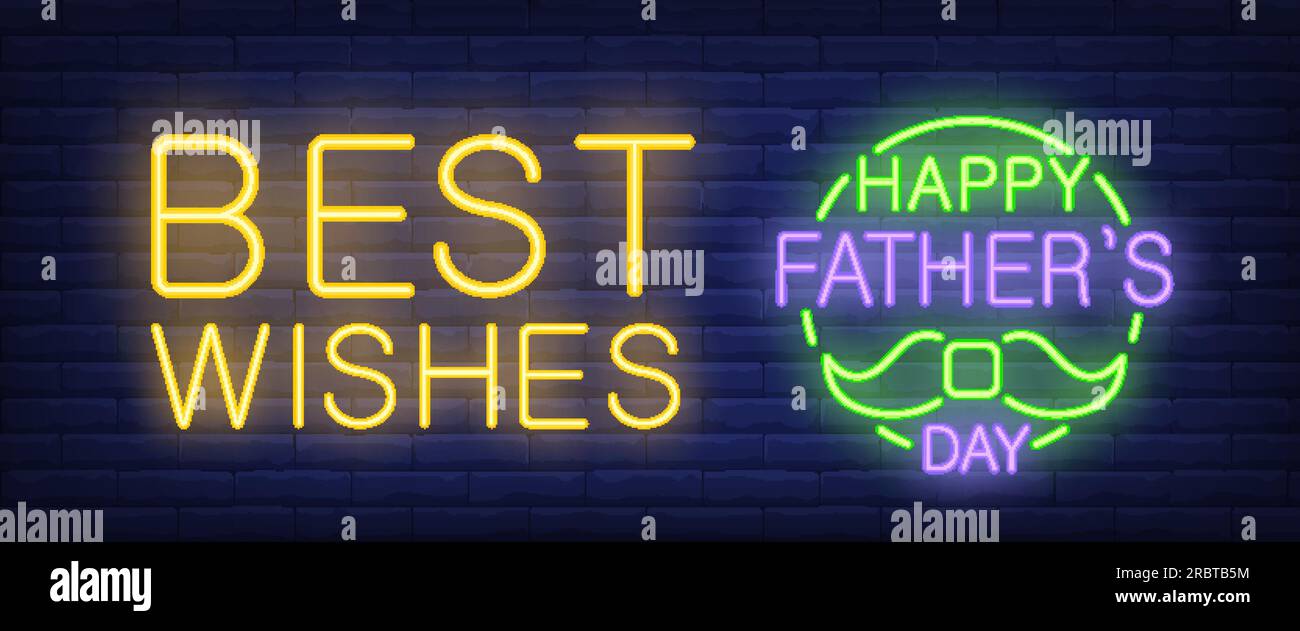 Best wishes, happy father day neon text with moustache Stock Vector