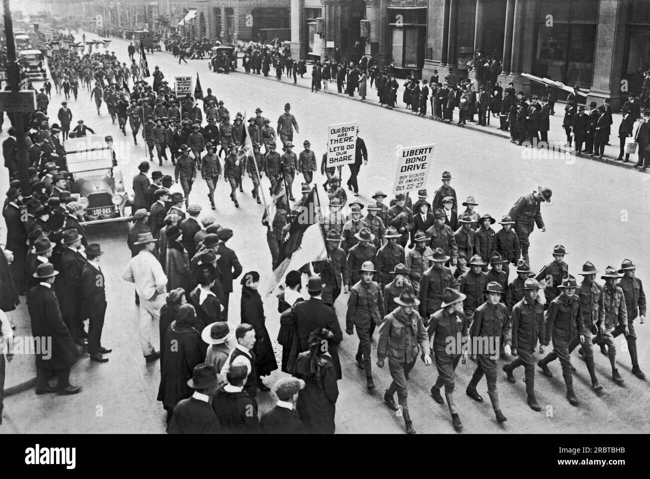 New York, New York:   October 20, 1917 4000 Boy Scouts take part in the LIberty Loan demonstration down Fifth Avenue. Stock Photo