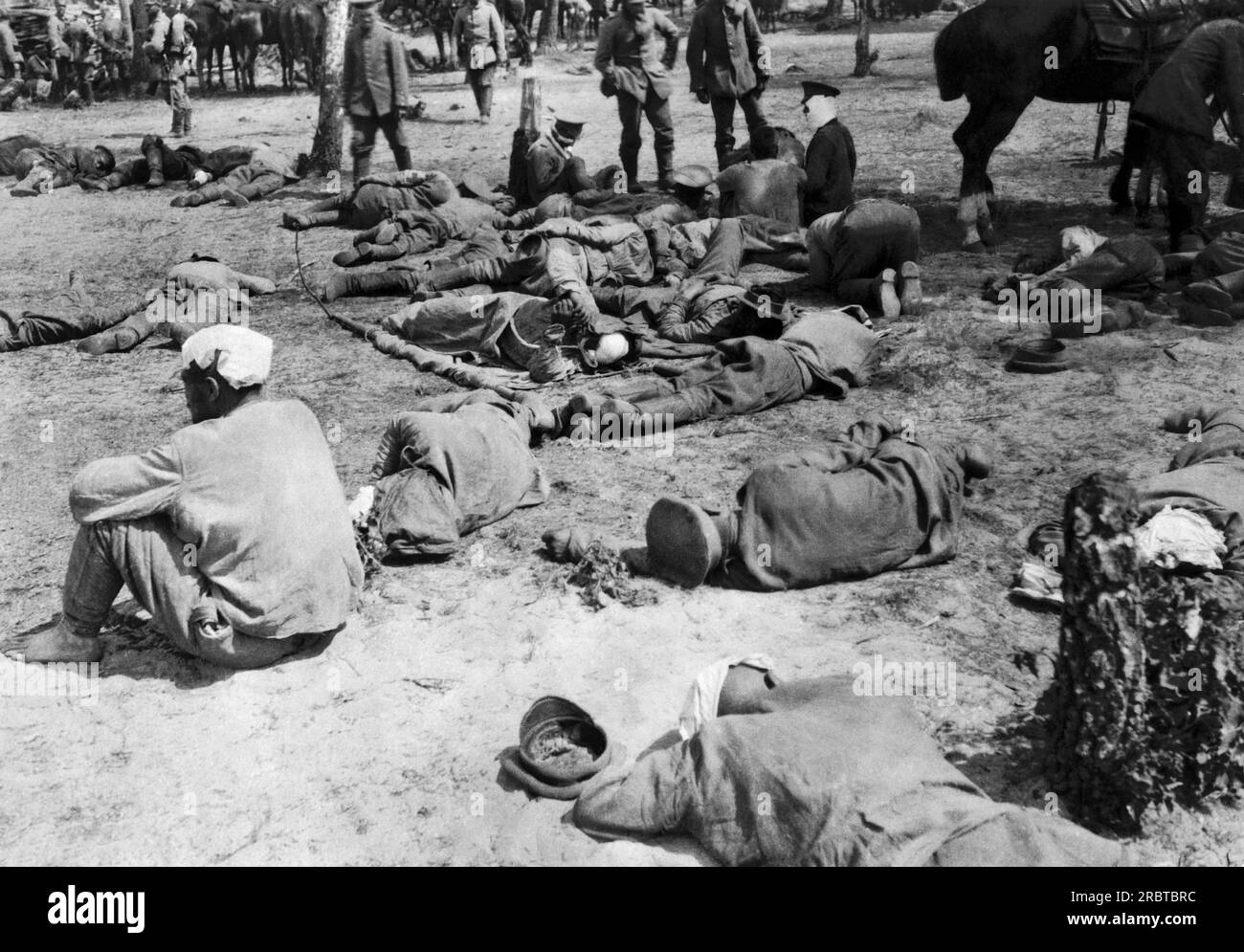 Poland: August 4, 1915 Russians soldiers totally exhausted by the fighting and the heat lay on the ground after being defeated by the Germans on their drive towards Warsaw. The Germans took sympathy on their adversaries and their Red Cross is tending to the wounded and providing them with water and wet cloths to put on their heads. Stock Photo