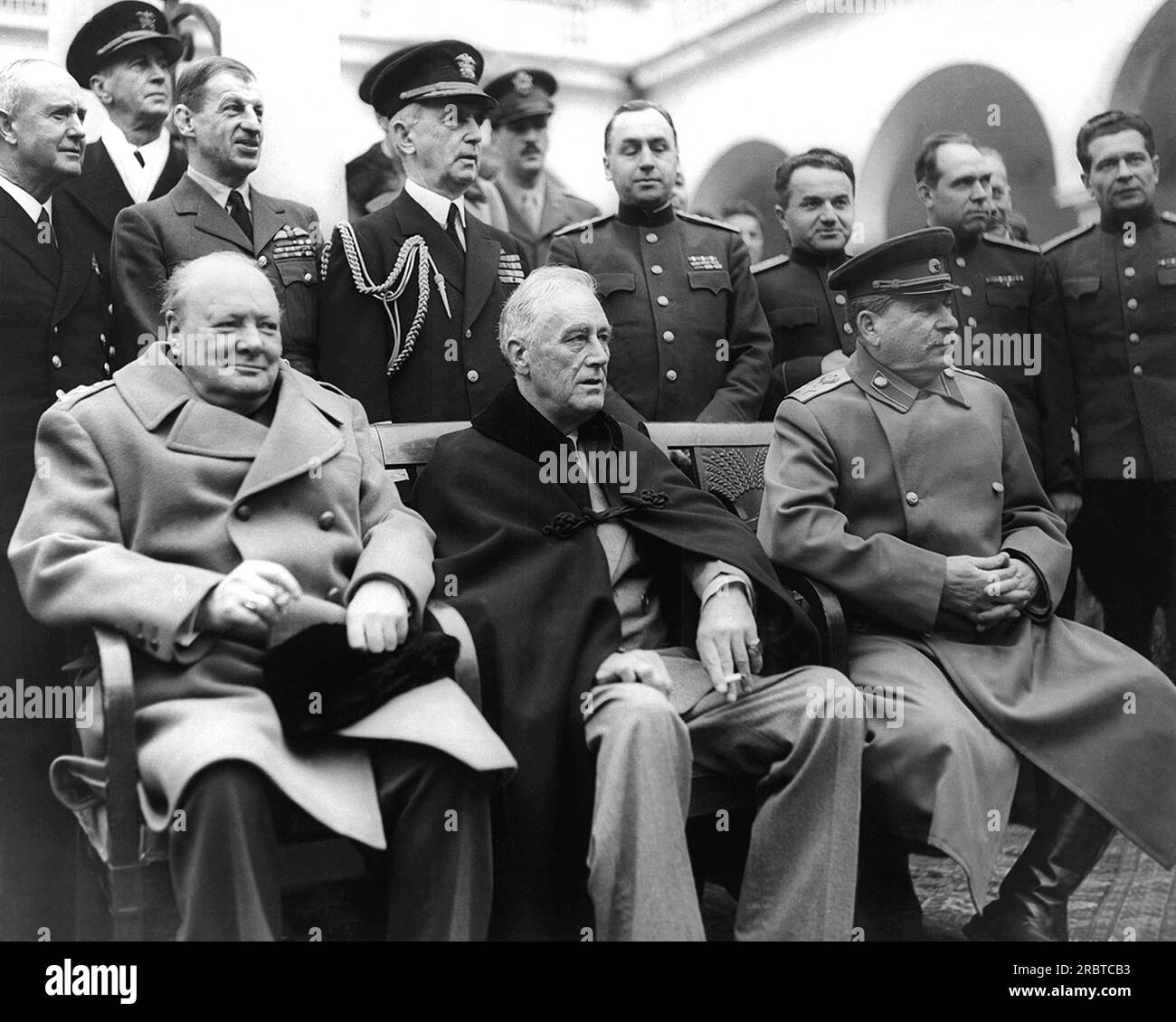 Yalta, Ukraine:   February 4-11, 1945. A scene from the Crimean Conference with Prime Minister Winston Churchill, President Franklin D. Roosevelt, and Marshal Joseph Stalin at the palace in Yalta, where the Big Three met in the second of their wartime conferences. Stock Photo