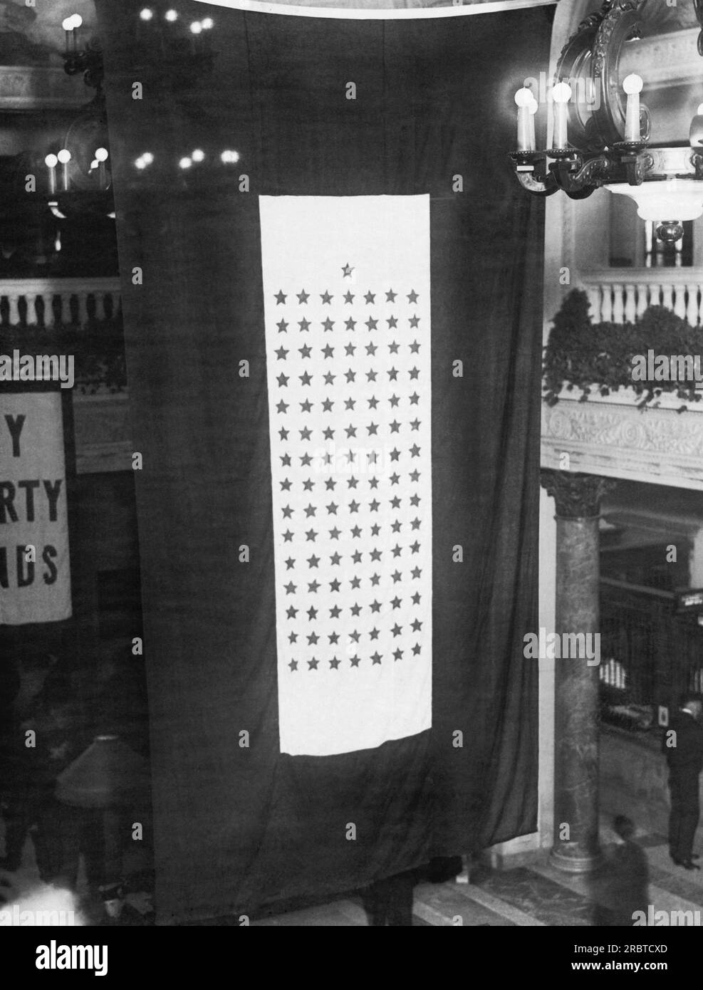 New York, New York:   October 26, 1917 The McAlpin Hotel raised their service flag today showing that they have 106 employees now in the country's service. Stock Photo