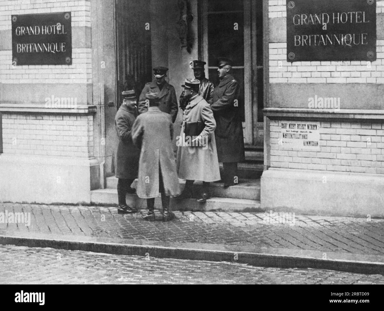 Spa, Belgium:  January 2, 1919 The British, American, French and Italian delegates leaving the Grand Hotel Britannique where the terms of the Armistice were discussed in Spa. Stock Photo