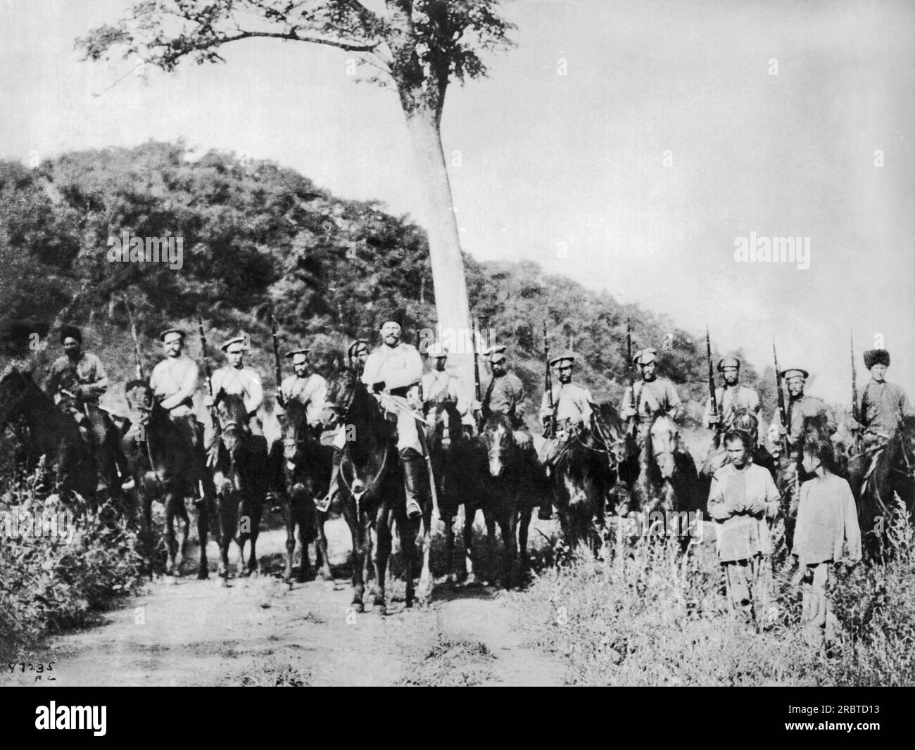 Siberia, Russia:  c. 1914 Cossack cavalry troops have been called to arms by the Russian government and are now making their way from the steppes of Sibera to Poland. Stock Photo