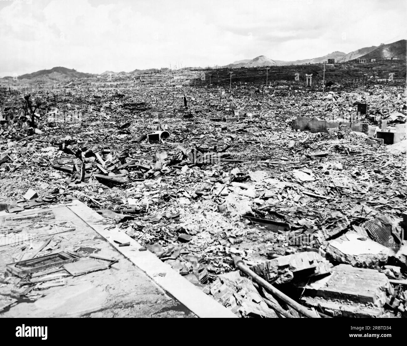 Nagasaki, Japan, September 13, 1945 The remains of Nagasaki at the epicenter a little bit more than a month after the atomic bomb blast. Stock Photo