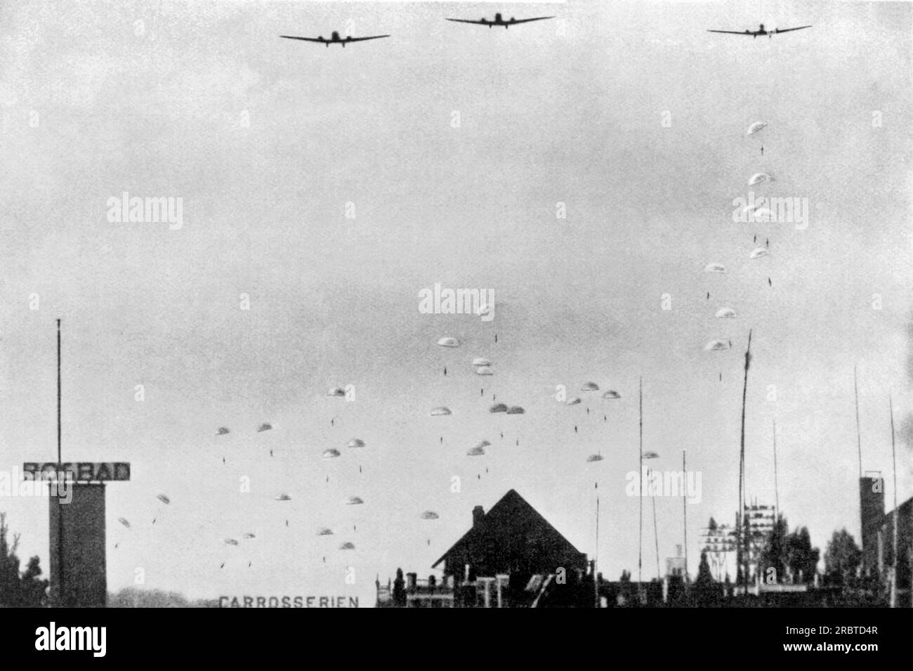 Netherlands:  May, 1940. German paratroopers landing in Holland in May of 1940. Stock Photo