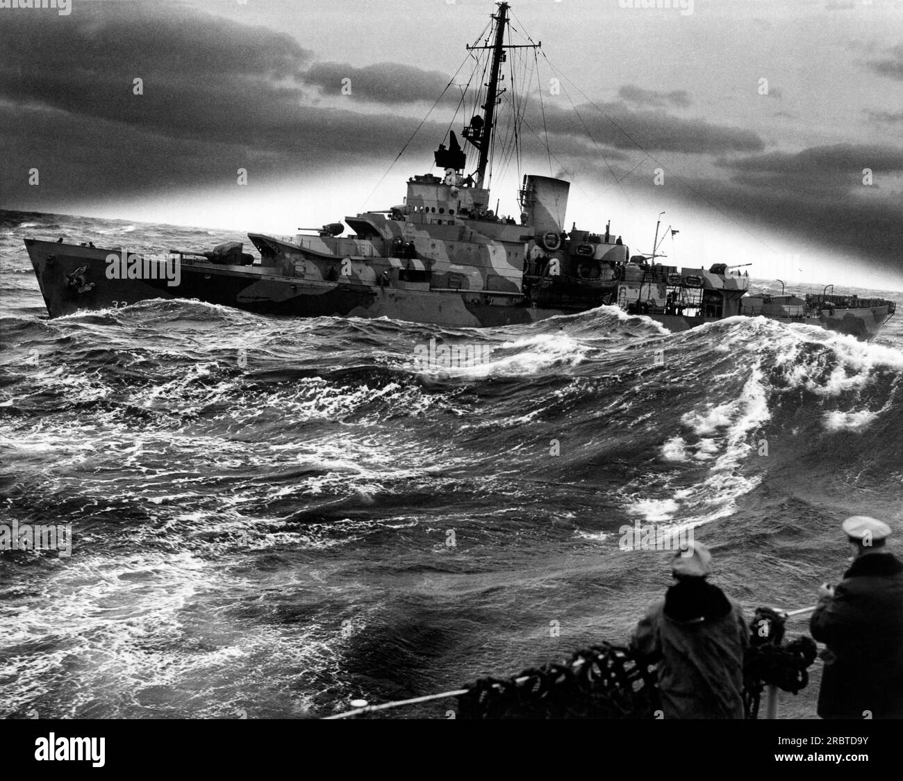 North Atlantic, circa 1944 A US Coast Guard cutter ploughs through heavy seas as it searches for Nazi submarines preying on convoys to the European war zones. Stock Photo