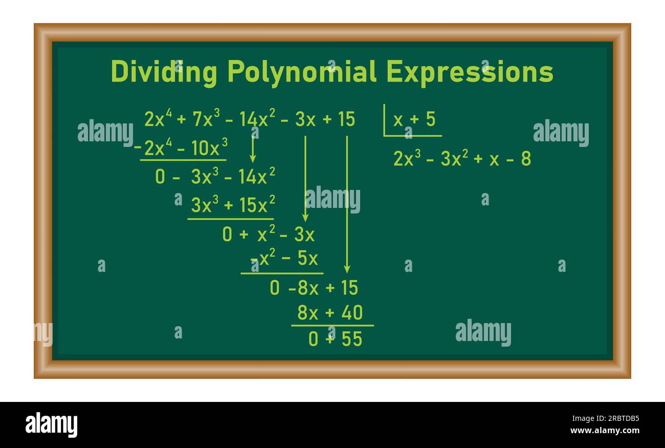 Dividing polynomial expressions in mathematics. Long division of polynomials. Math resources for teachers. Division, quotient, dividend and remainder. Stock Vector
