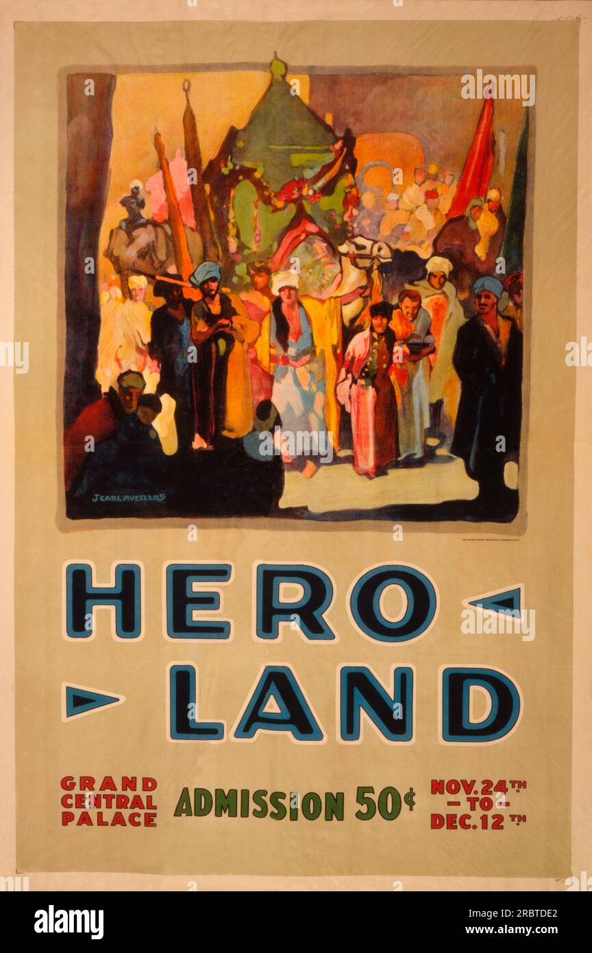 New York, New York:  1917 A lithograph poster of a colorful historic tableau to advertise the Hero Land benefit for the troops at the Grand Central Palace. Stock Photo