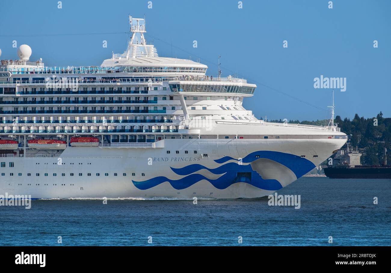 Luxury cruise ship sailing out of vancouver. Large cruise liner in blue