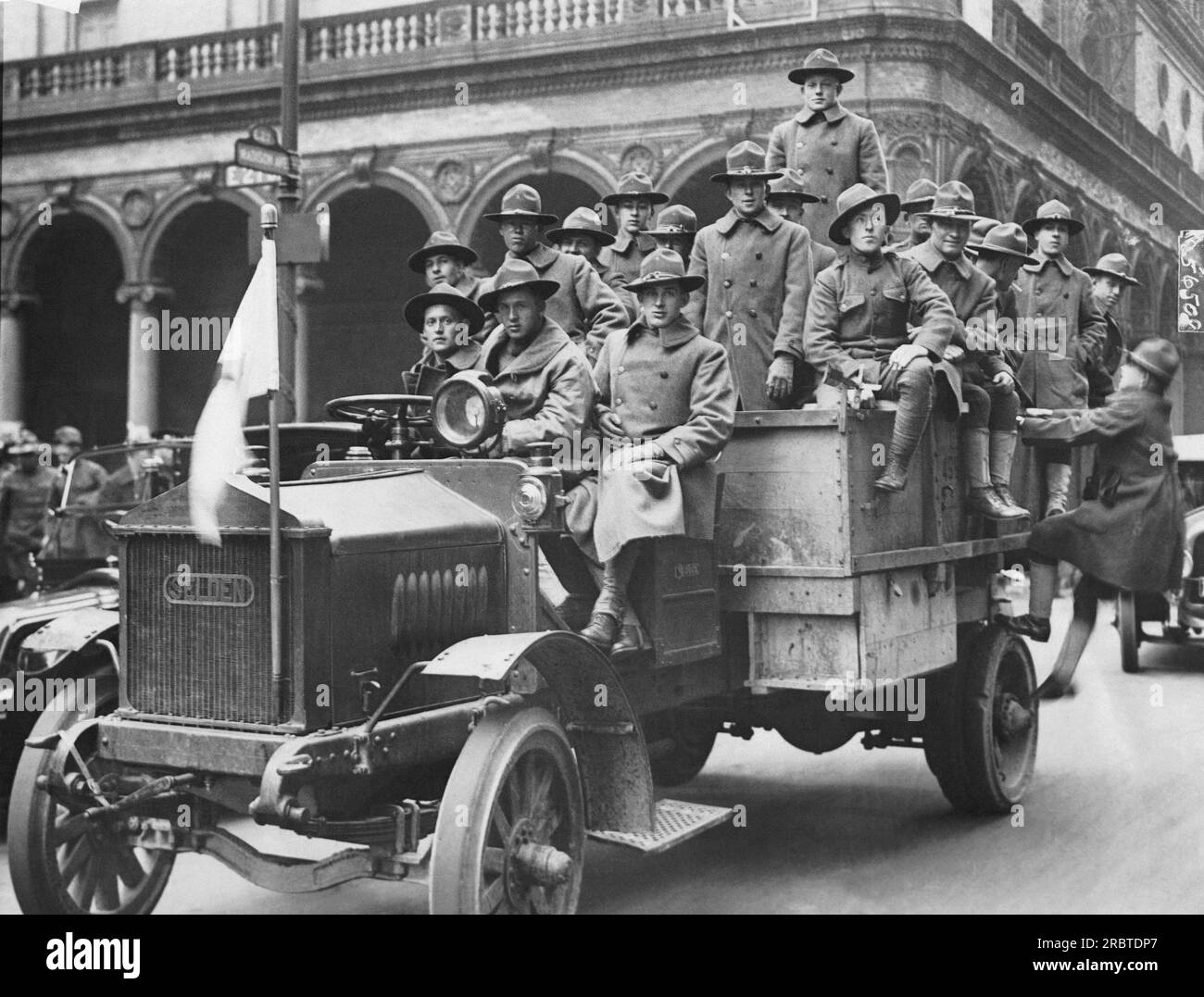 New York, New York:   April 13, 1919 A truck load of wounded soldiers arriving at Madison Square Garden for a free performance of the Ringling Brothers, Barnum and Bailey Circus. Six thousand soldiers were invited. Stock Photo