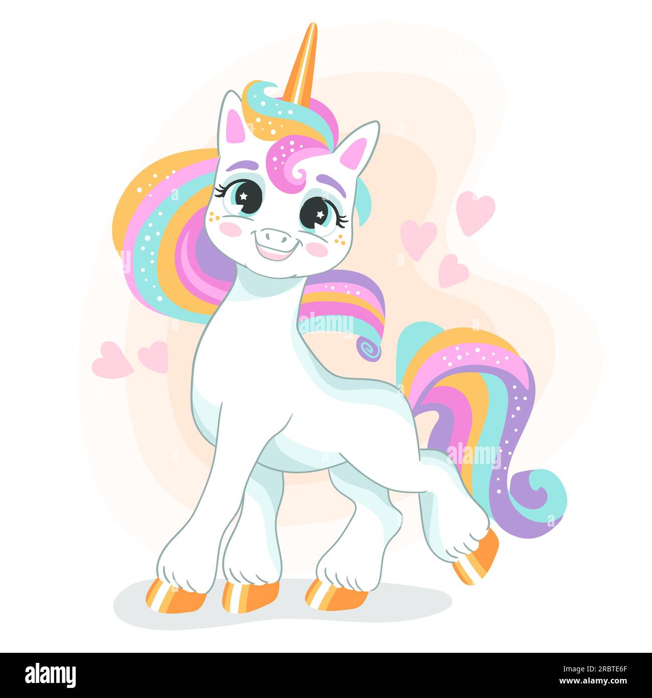 Cute cartoon character close up unicorn with a rainbow mane on a white background. Vector isolated illustration. For print, design, poster, sticker, c Stock Vector