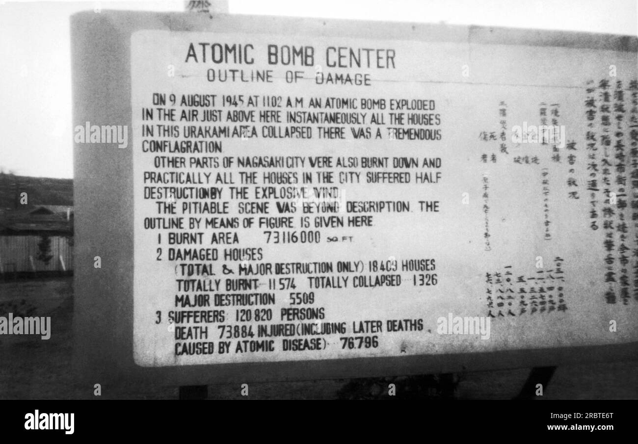 Nagasaki, Japan,  1946 A sign posted at the epicenter of the hydrogen bomb explosion detailing the damage and casualties that occurred. Stock Photo