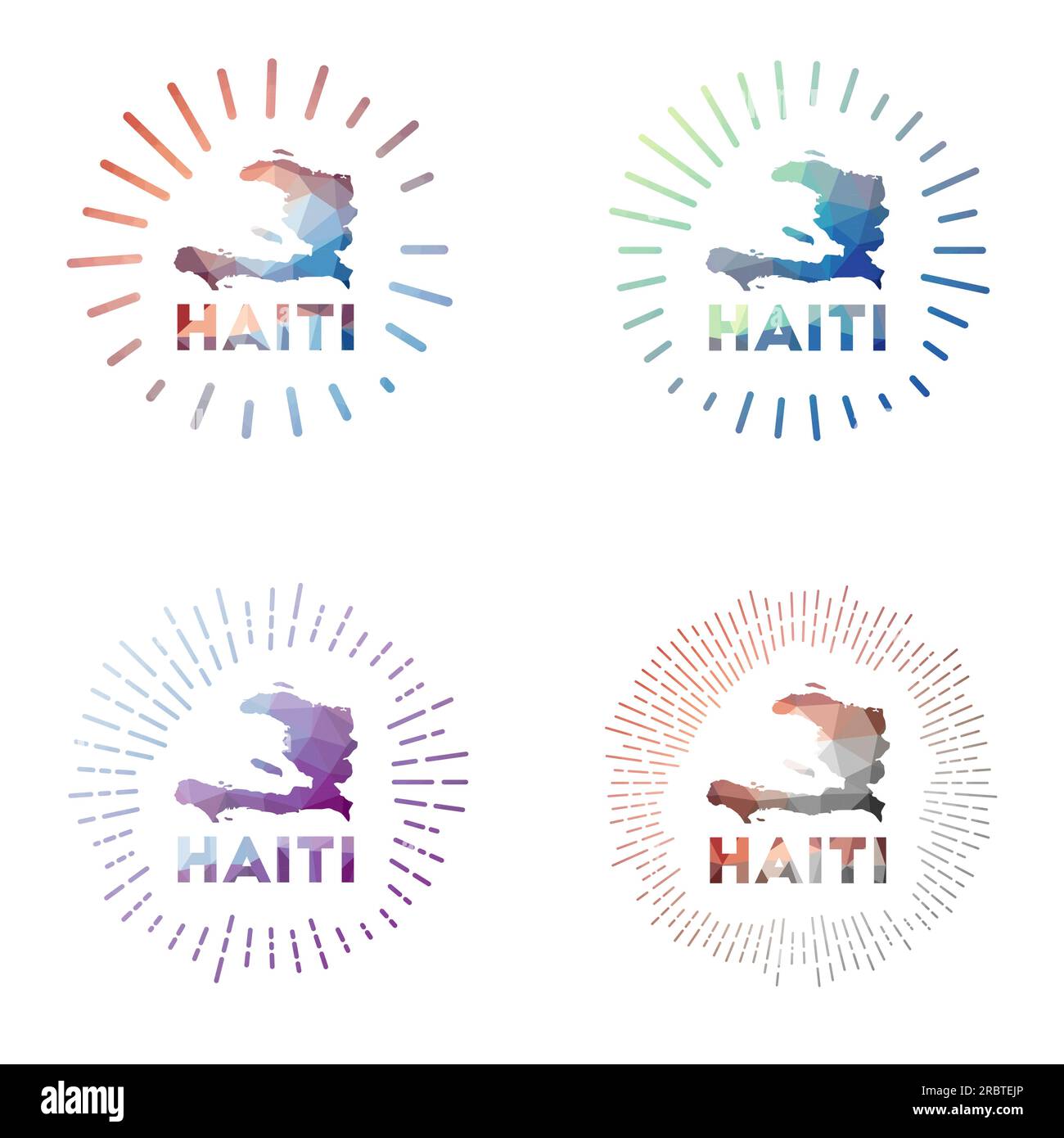 Haiti low poly sunburst set. Logo of country in geometric polygonal style. Vector illustration. Stock Vector
