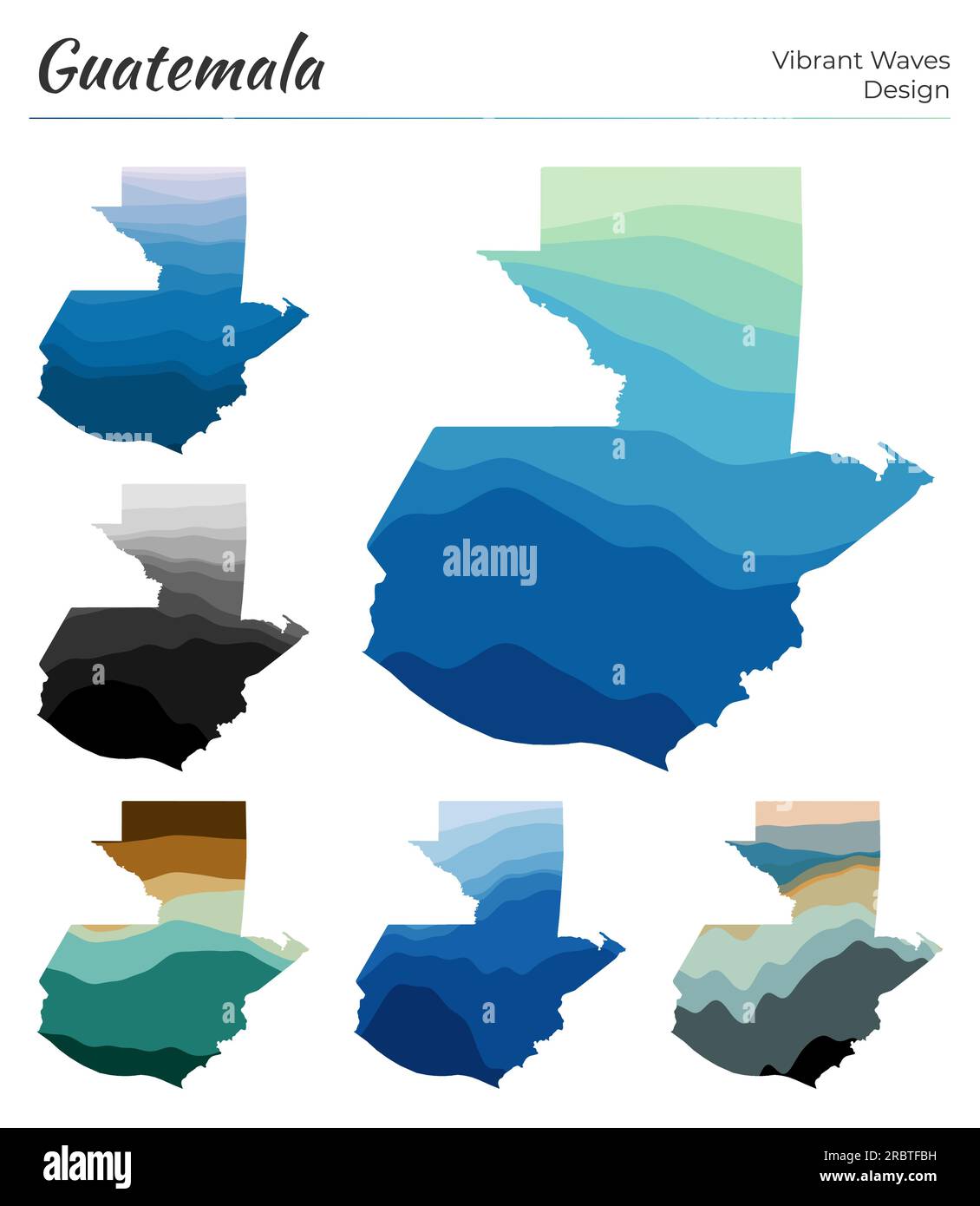 Set of vector maps of Guatemala. Vibrant waves design. Bright map of country in geometric smooth
