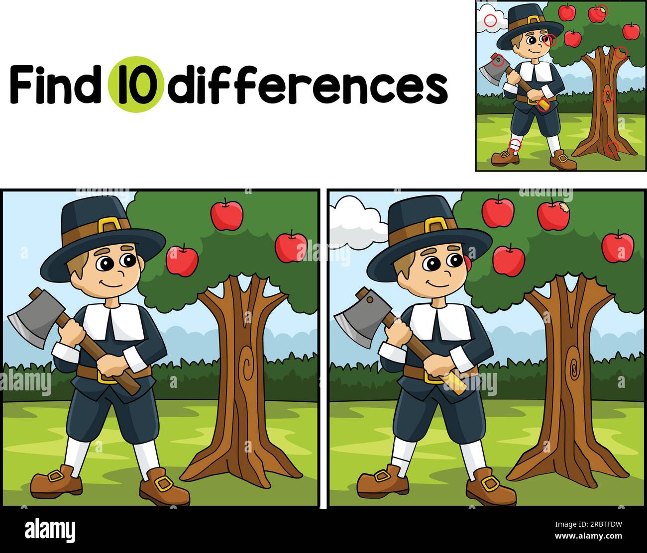 Thanksgiving Pilgrim Boy Axe Find The Differences Stock Vector Image ...