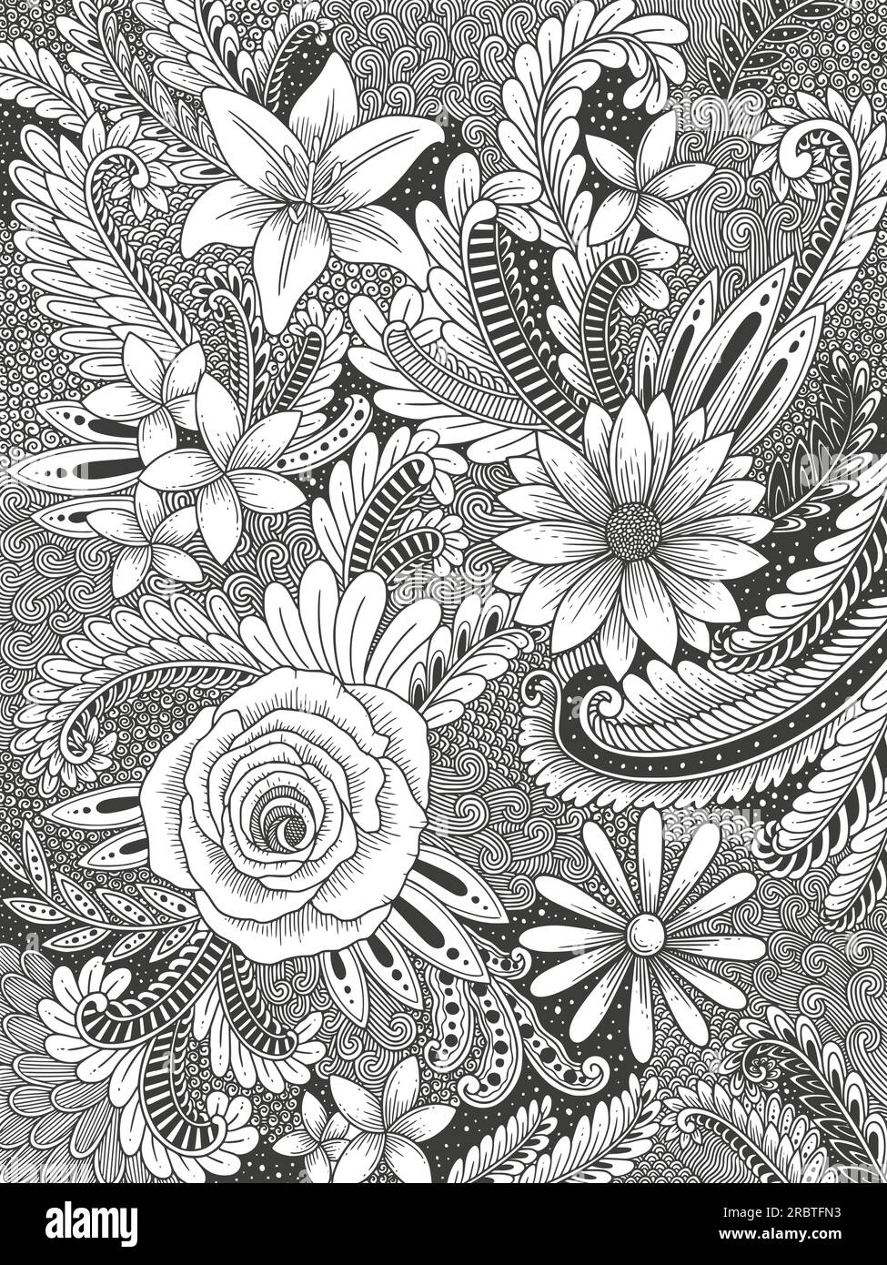 abstract floral flower pattern. Black and white vector illustration