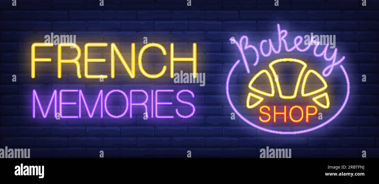 French memories, bakery shop neon text with croissant Stock Vector