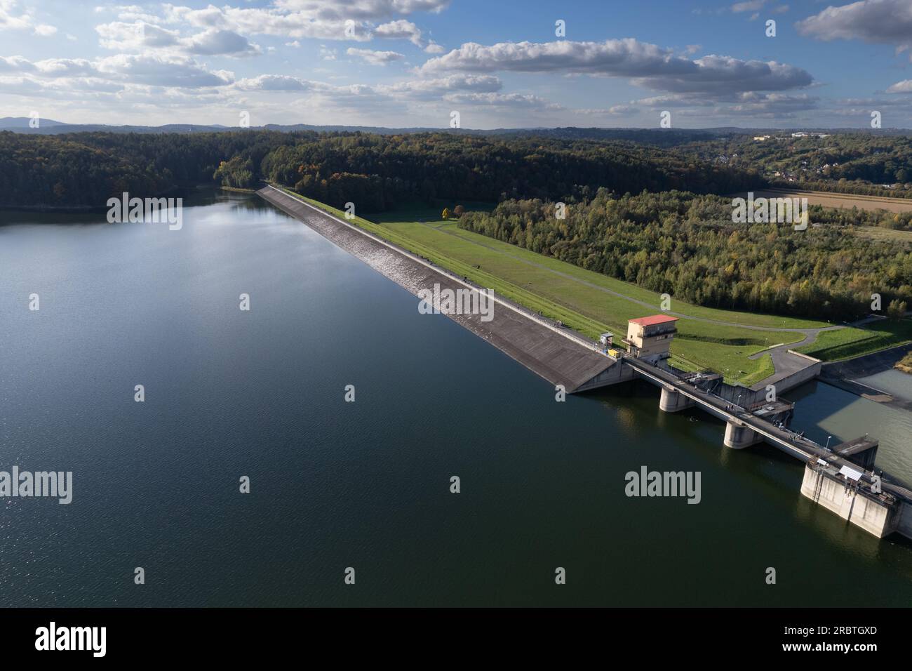 Dobczyce water dam, hydroelectric power plant, reservoir, aerial view. Lake Dobczyce, Raba river. Zapora Dobczyce Stock Photo