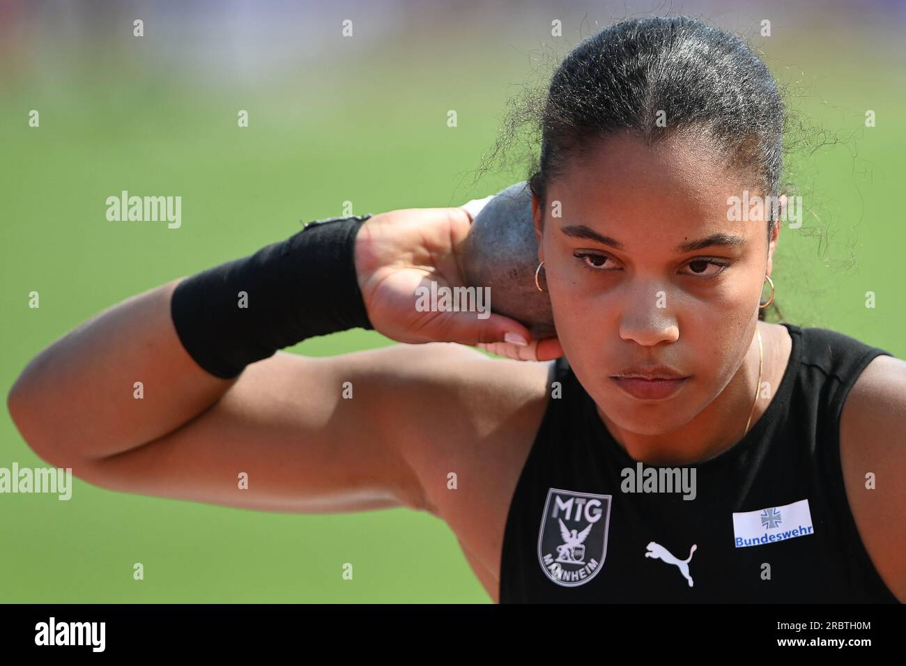 Kassel, Germany. 09th July, 2023. Athletics German championship in the Auestadion. Shot put