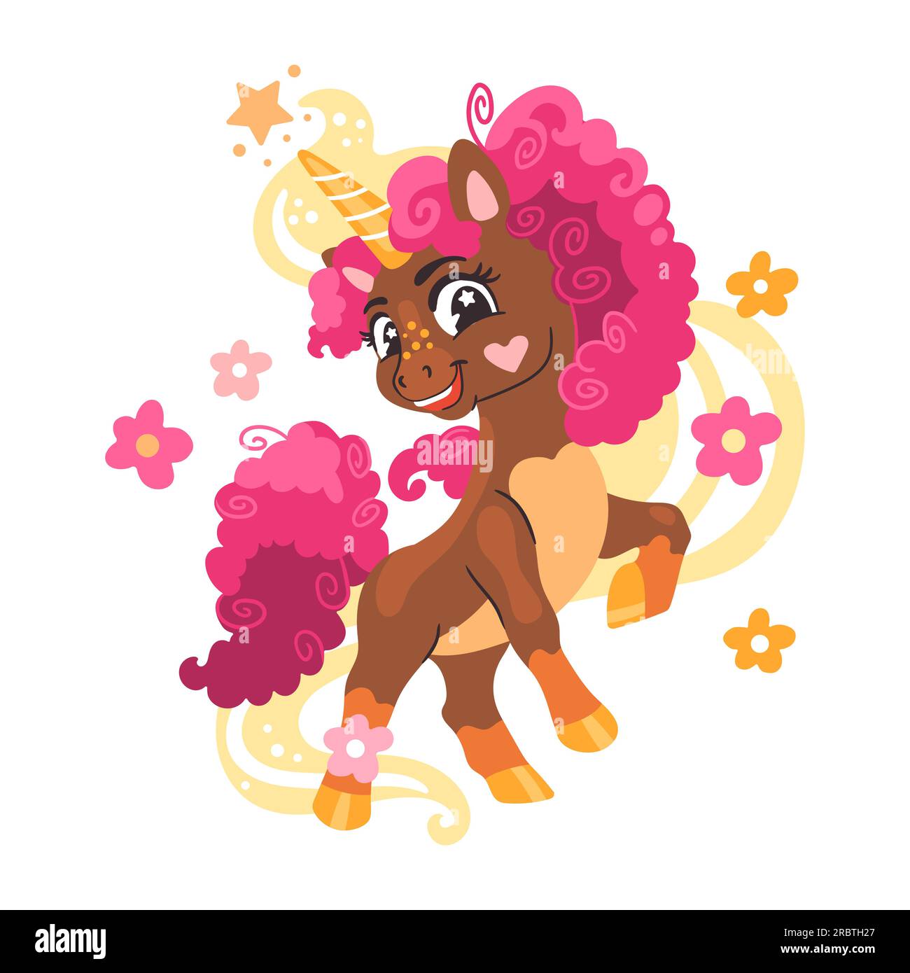 Cute cartoon character black skin unicorn with pink mane and flowers. Vector isolated illustration. White background. Happy magic unicorn. For print, Stock Vector
