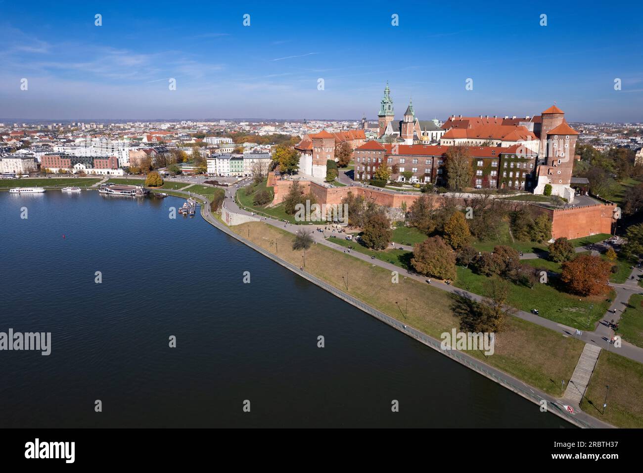 Wawel Castle, Kraków, Poland, Vistula River by drone (aerial view, city panorama) Stock Photo