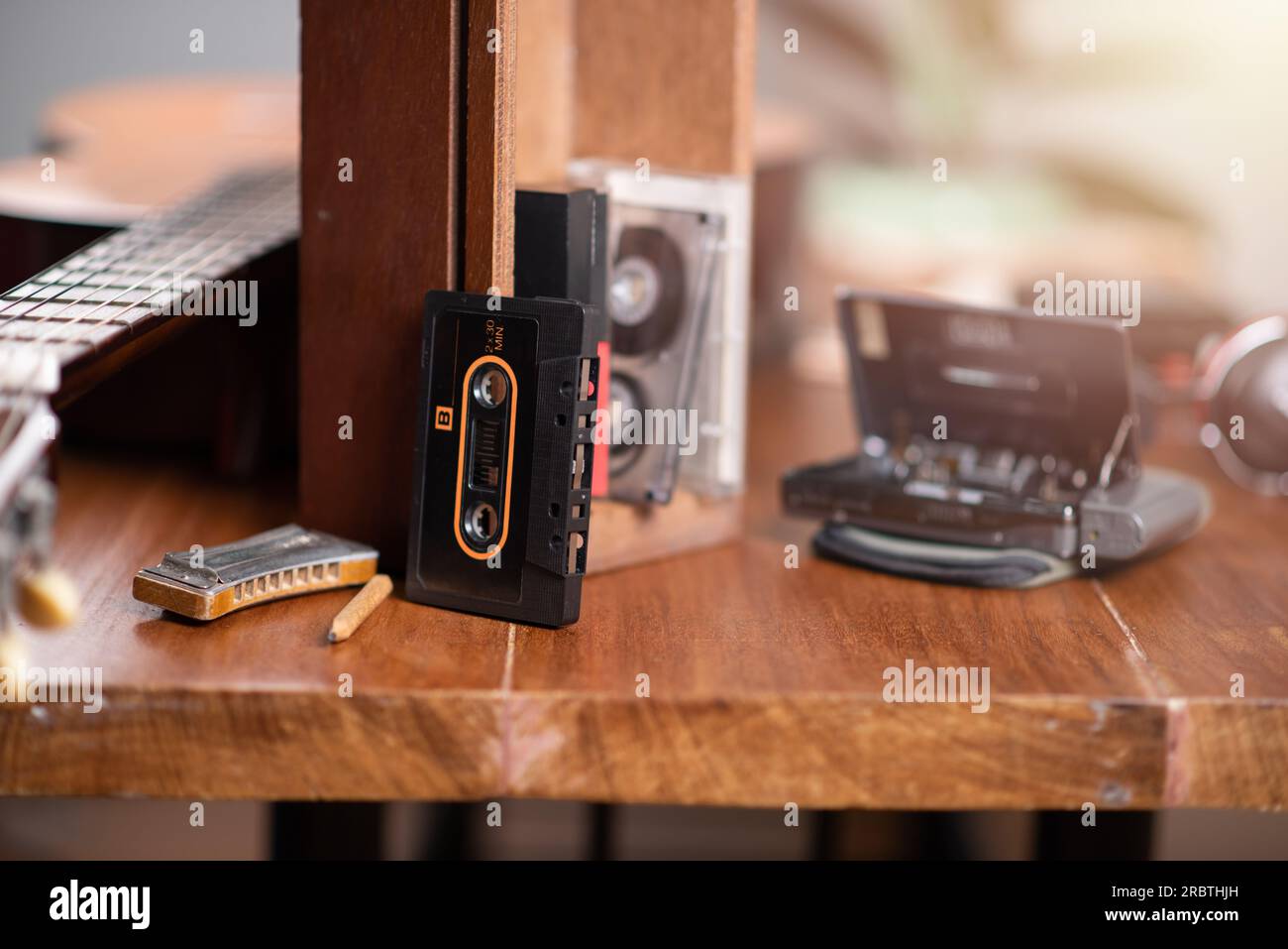 The vintage audio cassette tape, analog magnetic tape format for audio recording and playback. Stock Photo
