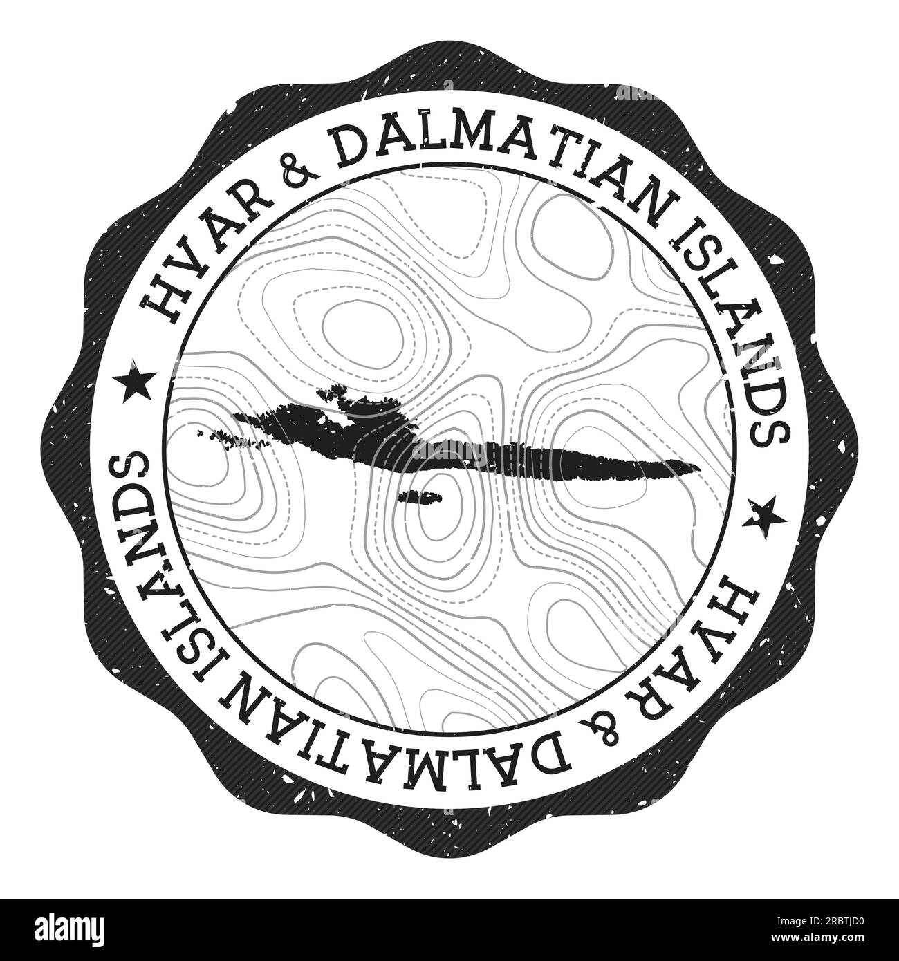 Hvar & Dalmatian Islands outdoor stamp. Round sticker with map of island with topographic isolines. Vector illustration. Stock Vector