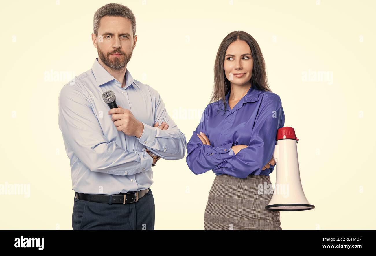 photo of businesspeople with loudspeaker and microphone. businesspeople