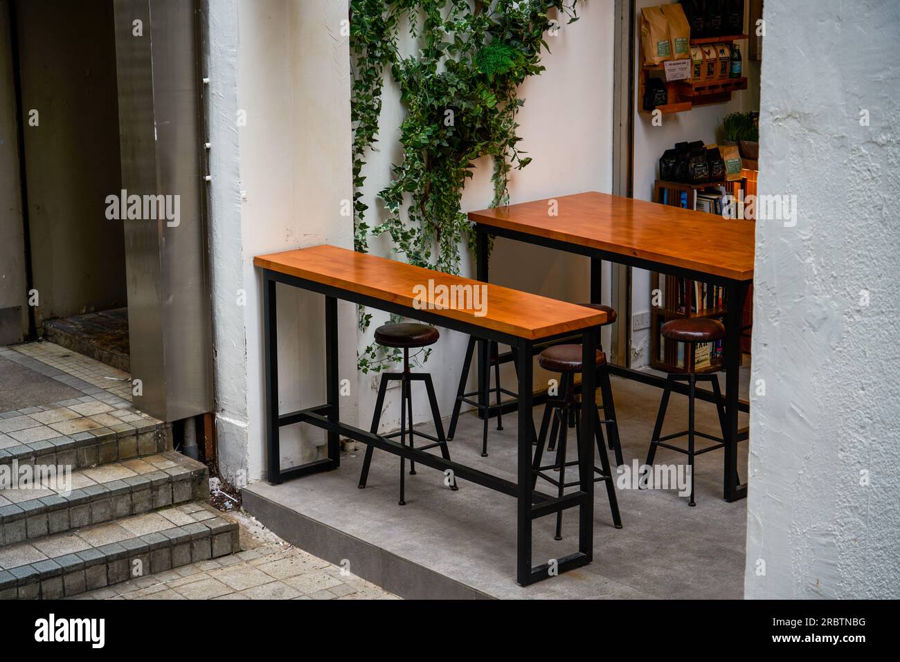 Casual dining table and chair seating in a bar in Central, Hong Kong