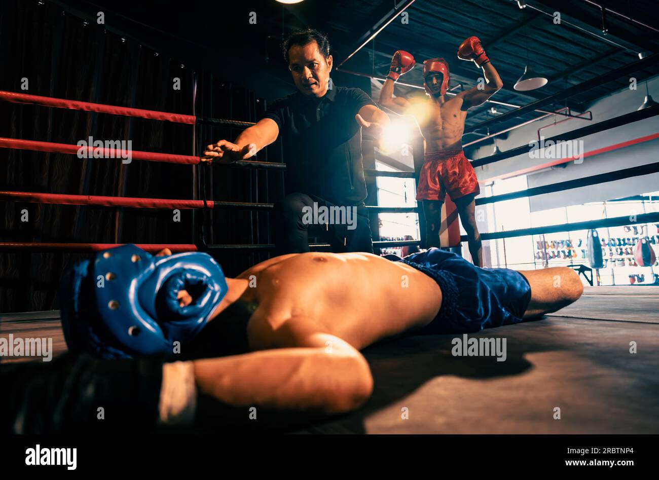 Boxing referee intervene, halting the fight to check fallen competitor