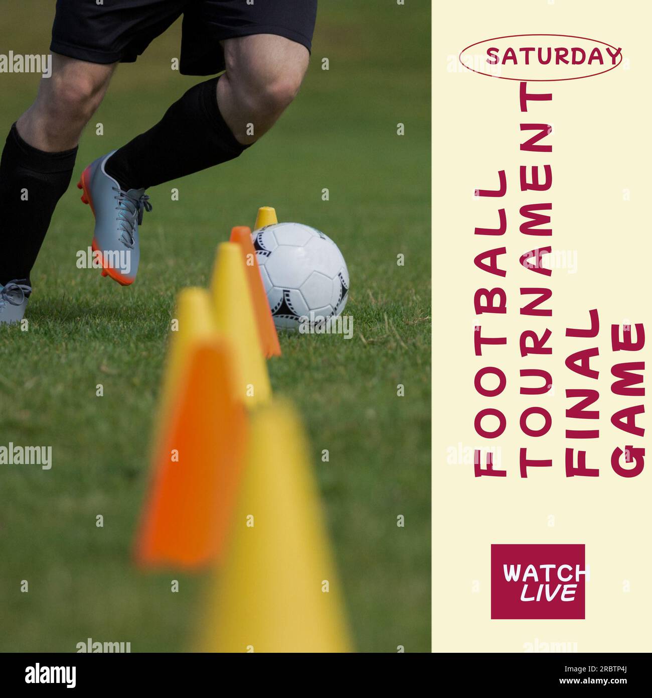 Football tournament final game text with legs of caucasian player training with ball on grass Stock Photo