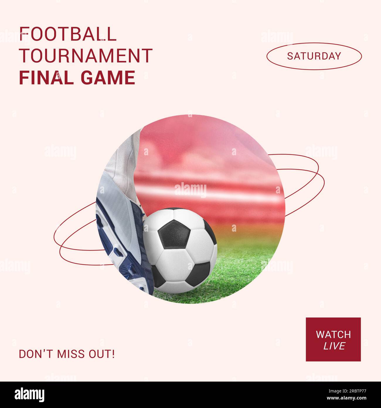 Football tournament final game text in red with foot of player kicking ball Stock Photo