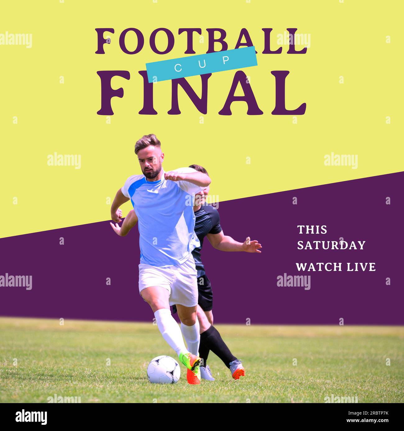 Football cup final text on yellow and purple with caucasian male football players running with ball Stock Photo
