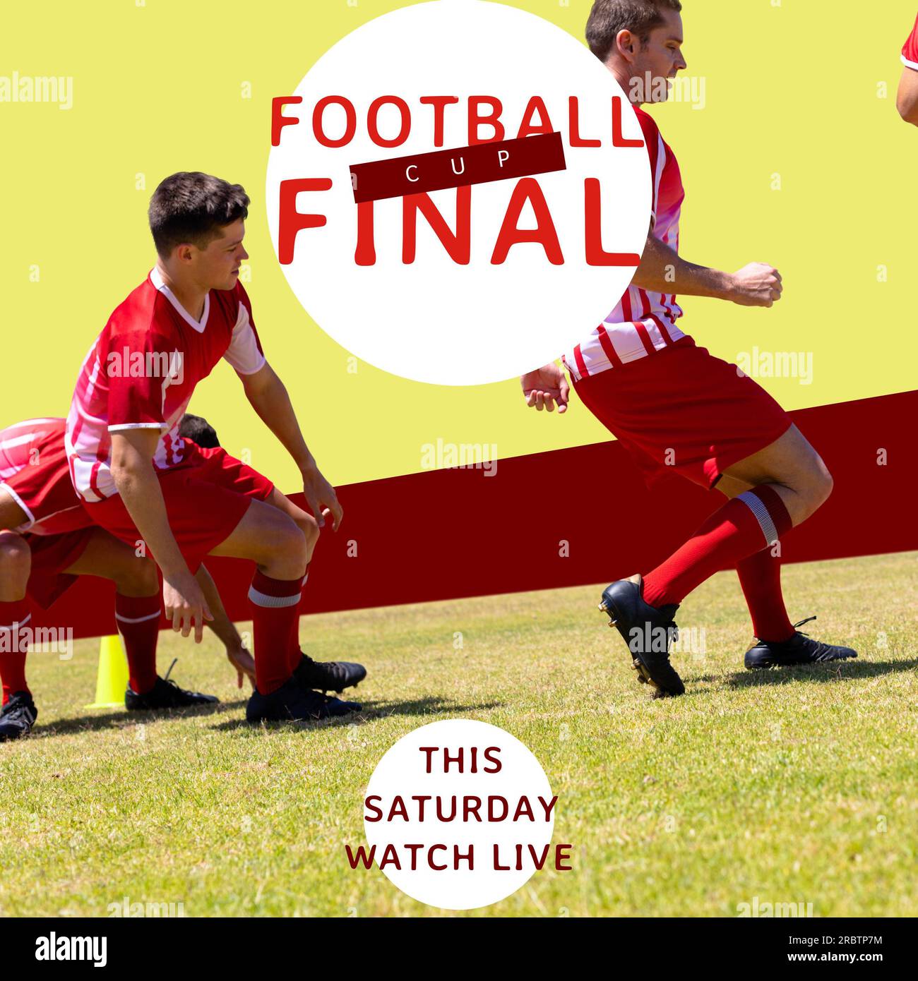 Football cup final text in red over caucasian male football team training Stock Photo
