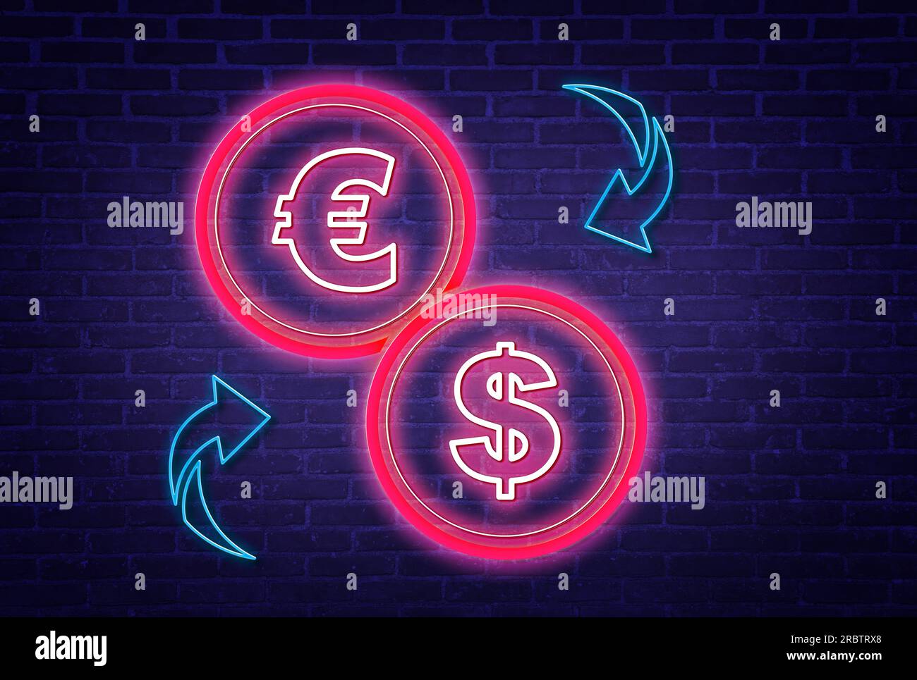 Money exchange neon sign. Light blue arrows, red euro and dollar