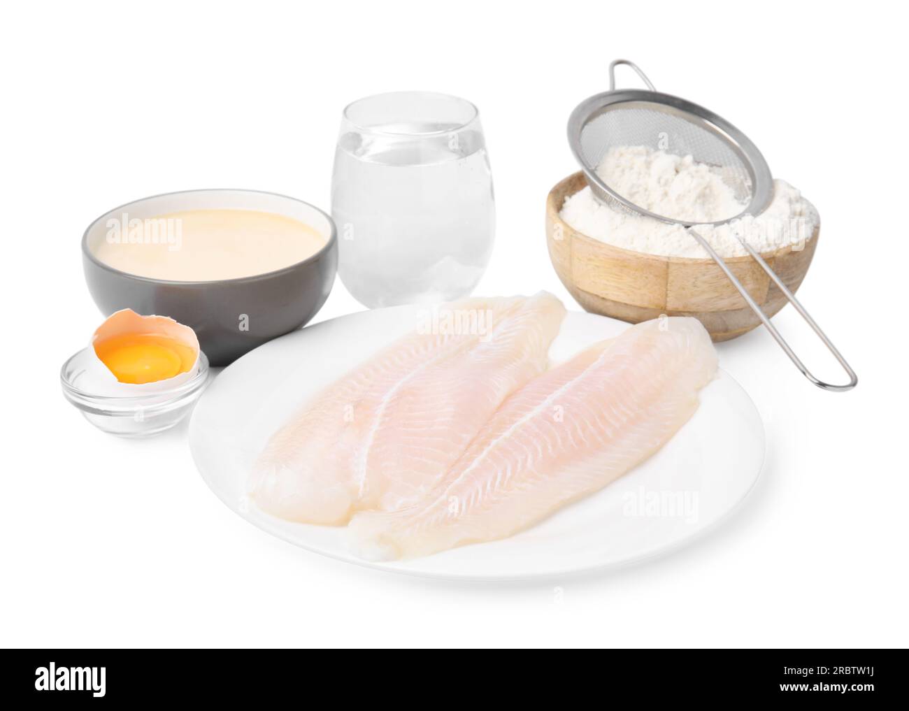 Cooking fish in soda water batter. Different ingredients isolated on