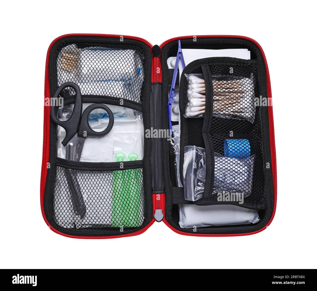 First aid kit with scissors, cotton buds and elastic bandage isolated