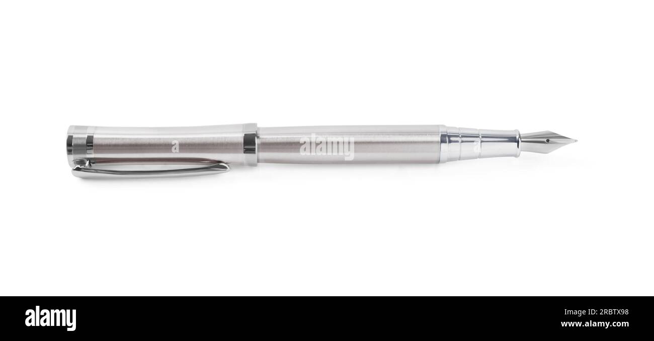 Stylish silver fountain pen isolated on white Stock Photo - Alamy