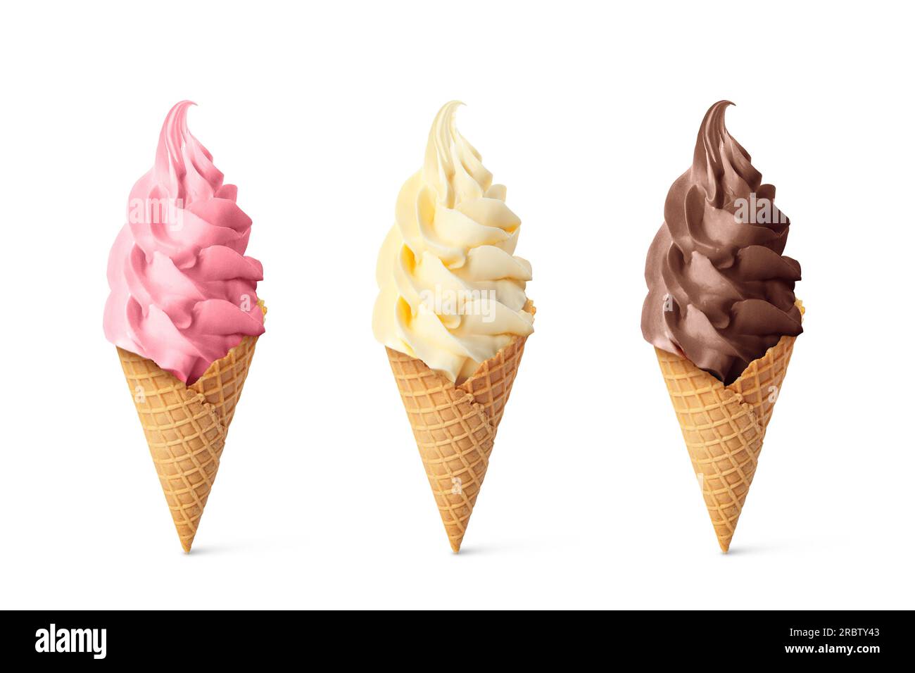 Set of different delicious soft serve ice creams in crispy cones on