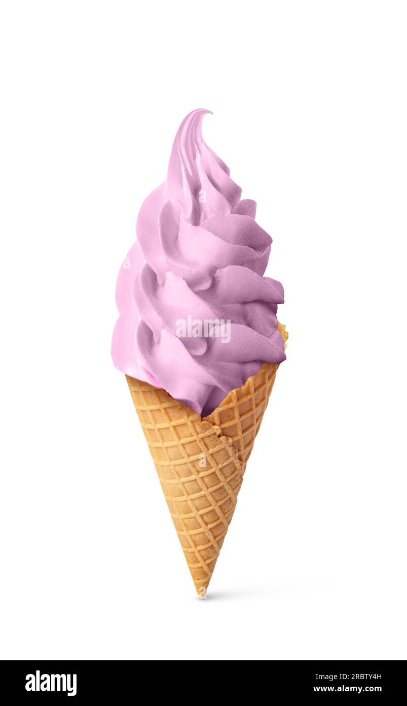 Delicious soft serve berry ice cream in crispy cone isolated on white ...