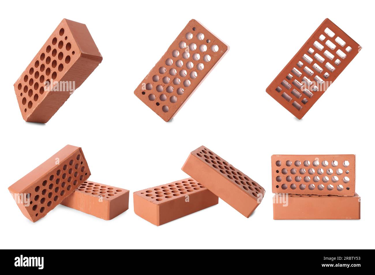 Set of red bricks on white background, different views Stock Photo Alamy